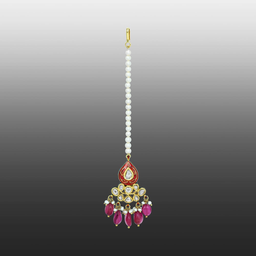 Teardrop Red Enamel Mangtikka with Polki and Tourmaline Drops